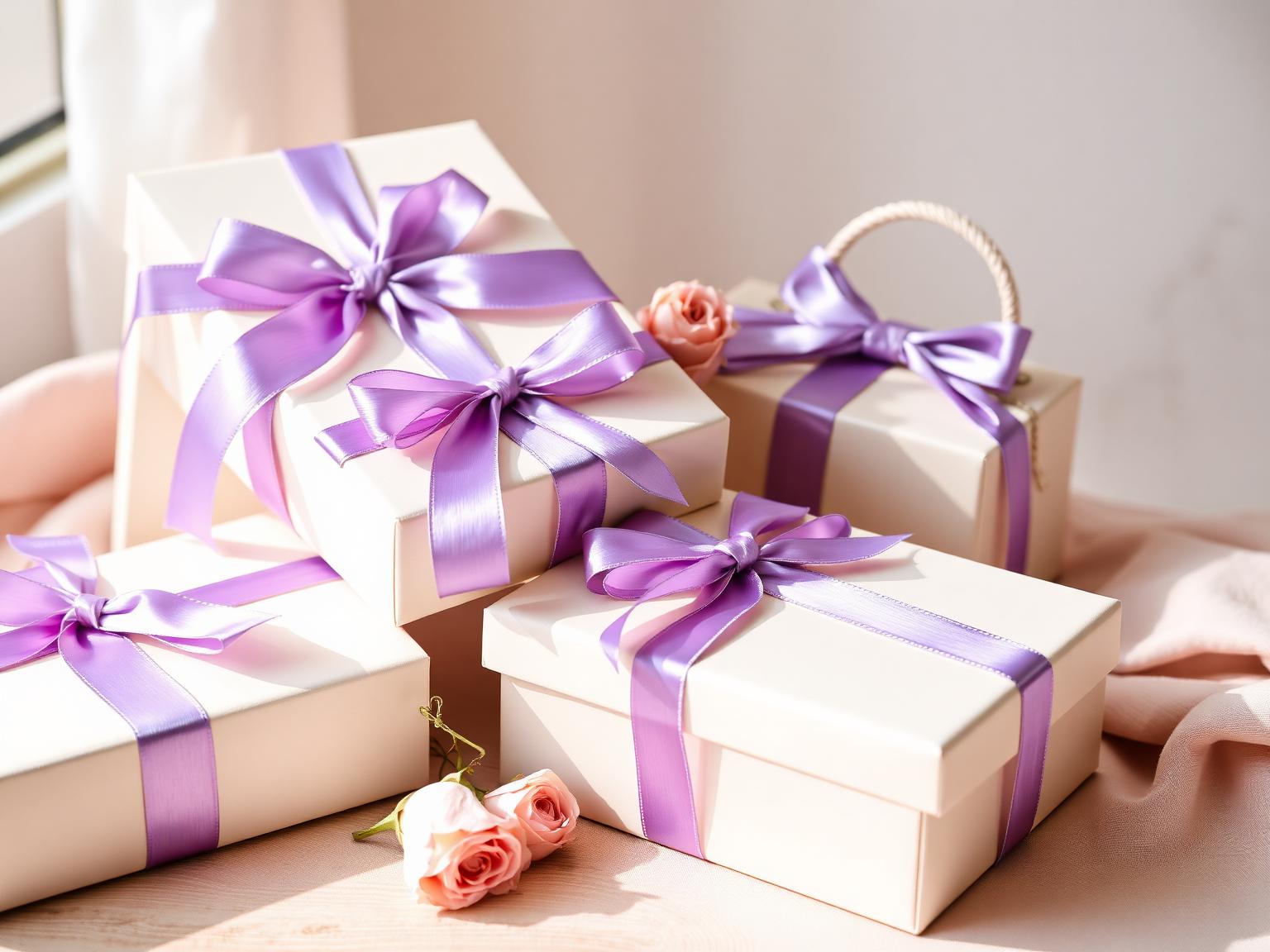 Composición boutique de cajas de regalo con cinta lavanda