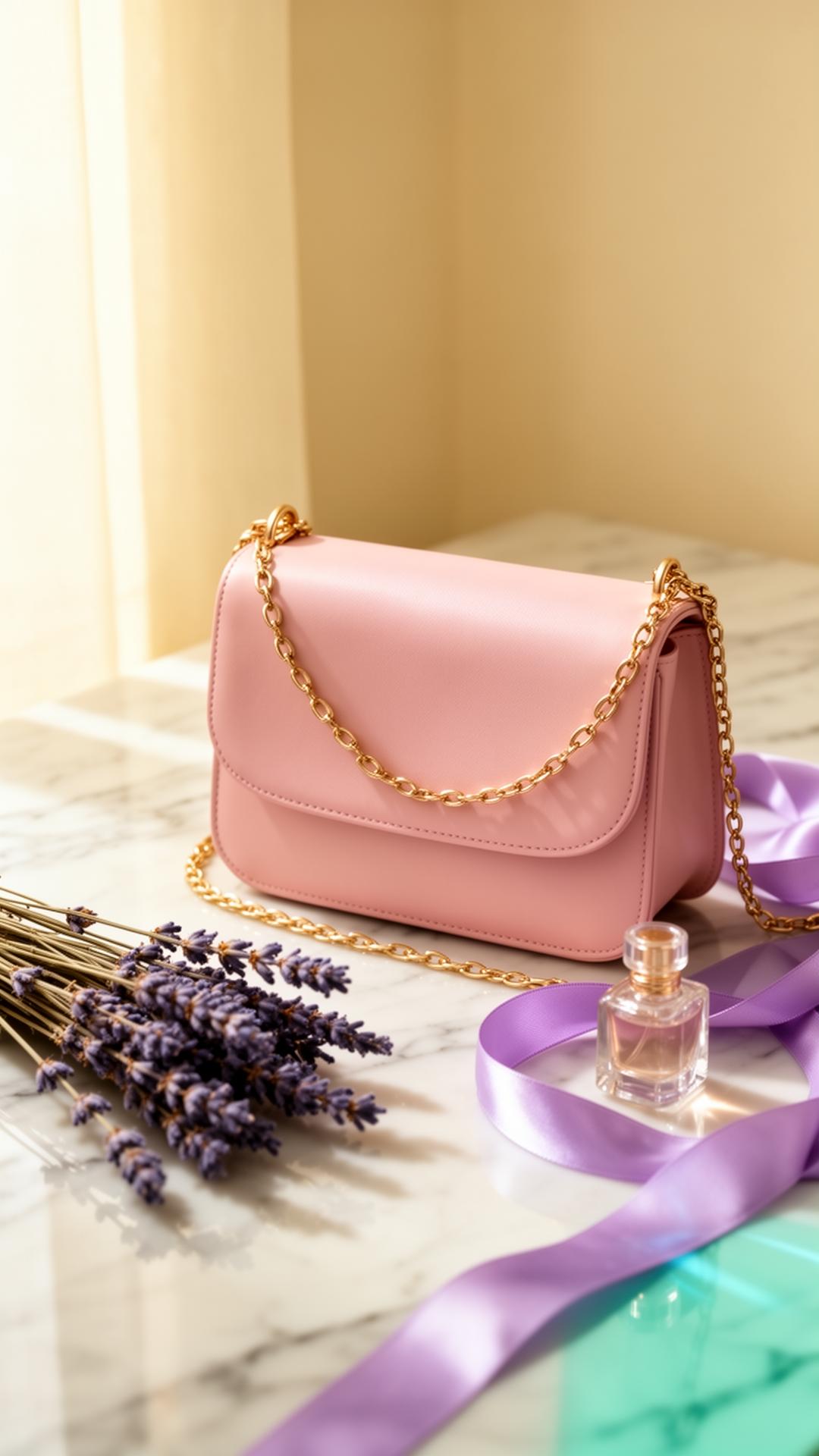 Bolso crossbody rosa pastel con cadena dorada en composición editorial Maurez